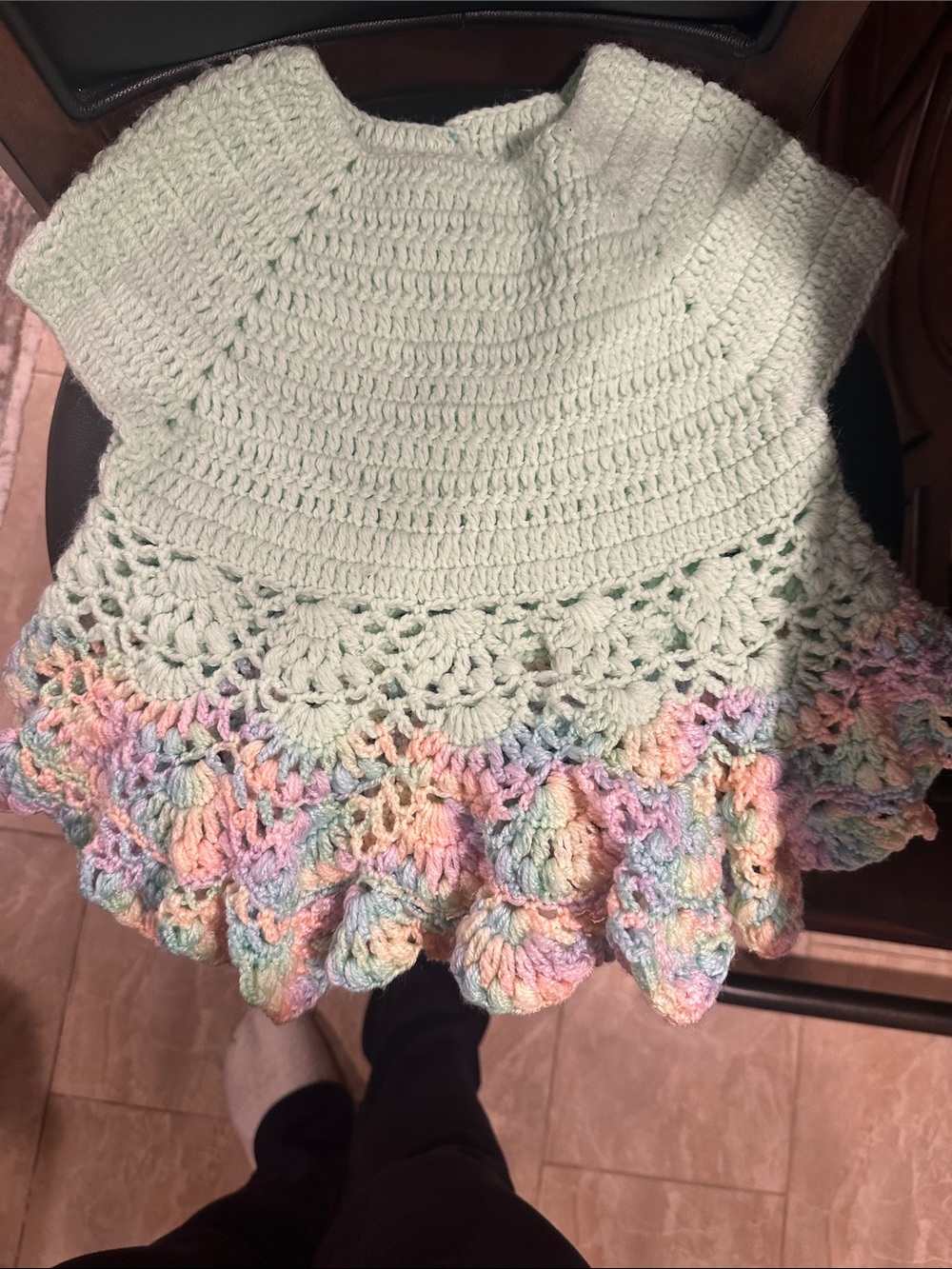 Family Handmade Mint Green Crochet Kids Dress with Pastel Ruffled Hem